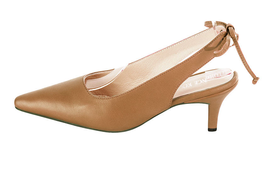 Camel beige women's slingback shoes. Pointed toe. Medium slim heel. Profile view - Florence KOOIJMAN